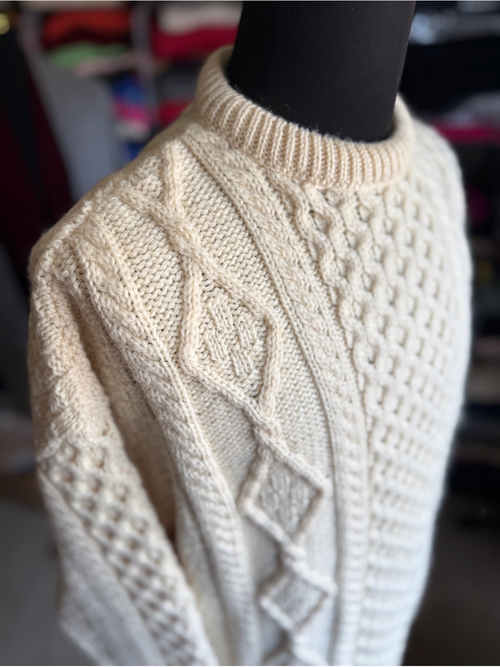 Irish Aran Wool Cream Cable Knit Sweater, XL